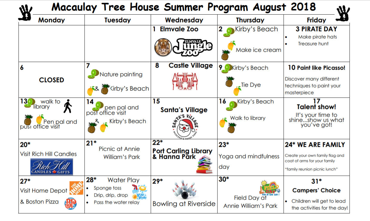 August 2018 Summer Camp Calendar – Macaulay Tree House